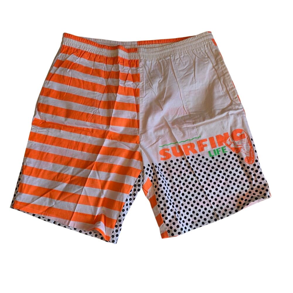 Vintage Galaxy By Harvic Neon Orange Striped Surfing Life Shorts M/L NOS
